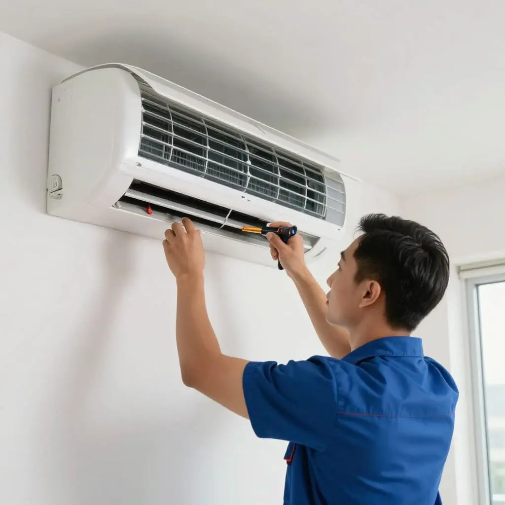 Fachtechniker installiert eine Split-Klimaanlage in einer modernen Wohnung