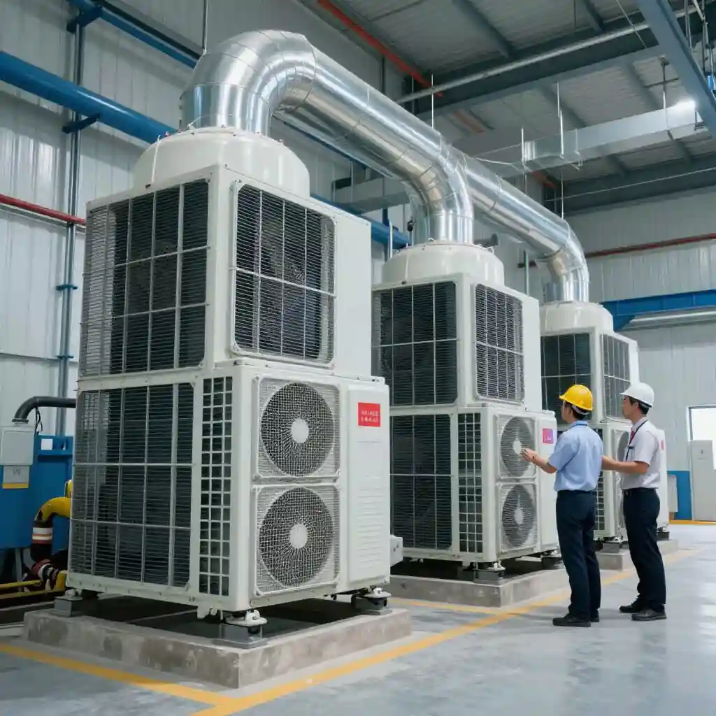 Industrielle Klimaanlage mit modernen Lüftungsanlagen in einem Gewerbegebäude