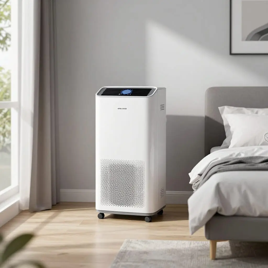 Mobiles Klimagerät in einem modernen Schlafzimmer für angenehme Raumtemperatur