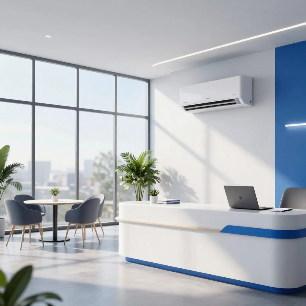 Modernes Büro mit professionellem Empfangsbereich und klimatisierter Arbeitsumgebung.