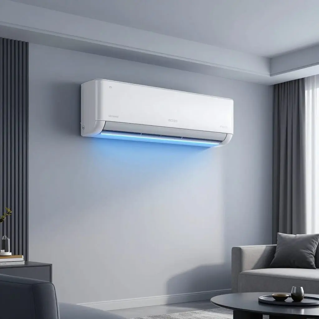 Modernes Wohnzimmer mit einer eleganten Split-Klimaanlage an der Wand