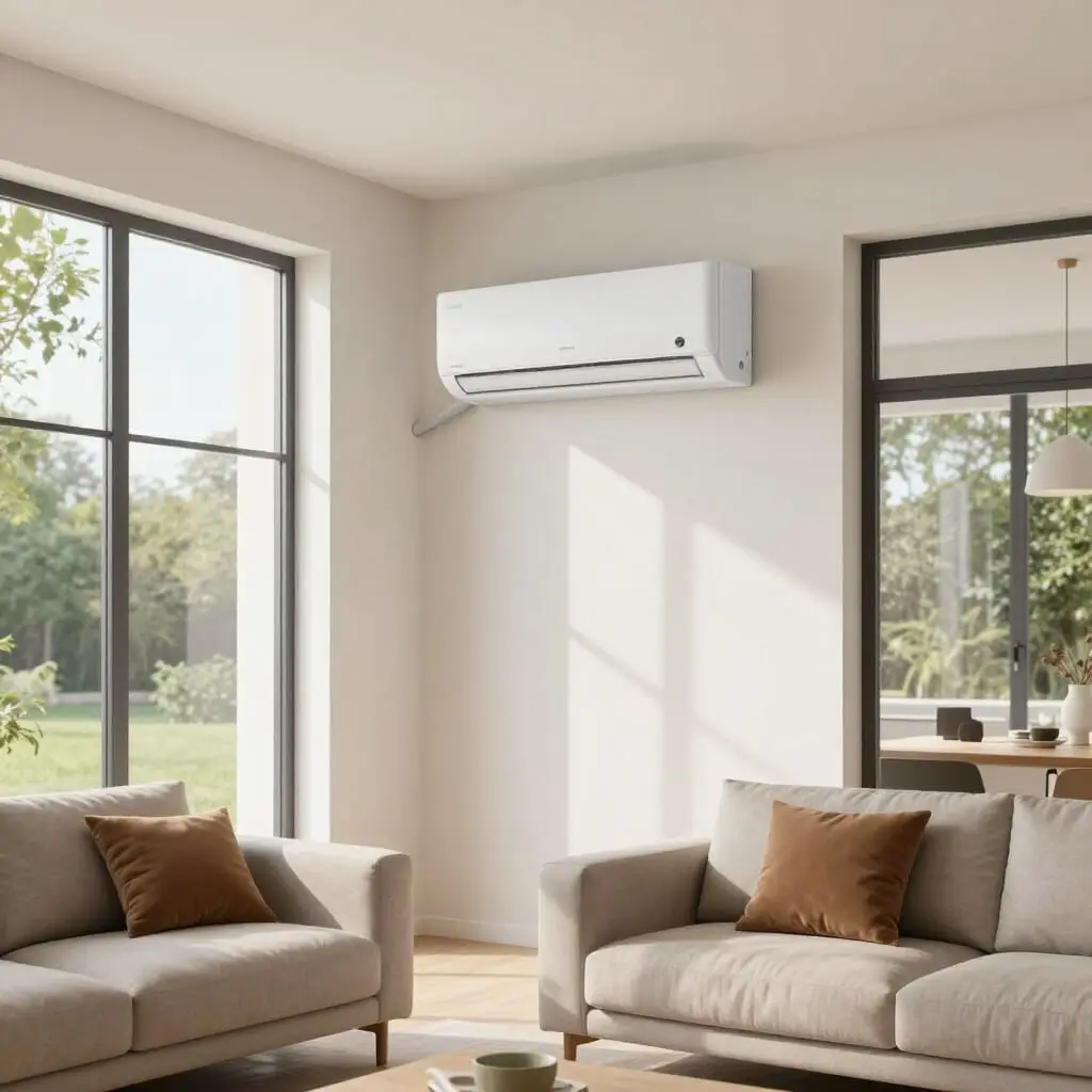 Modernes Wohnzimmer mit einer dezenten Split-Klimaanlage an der Wand