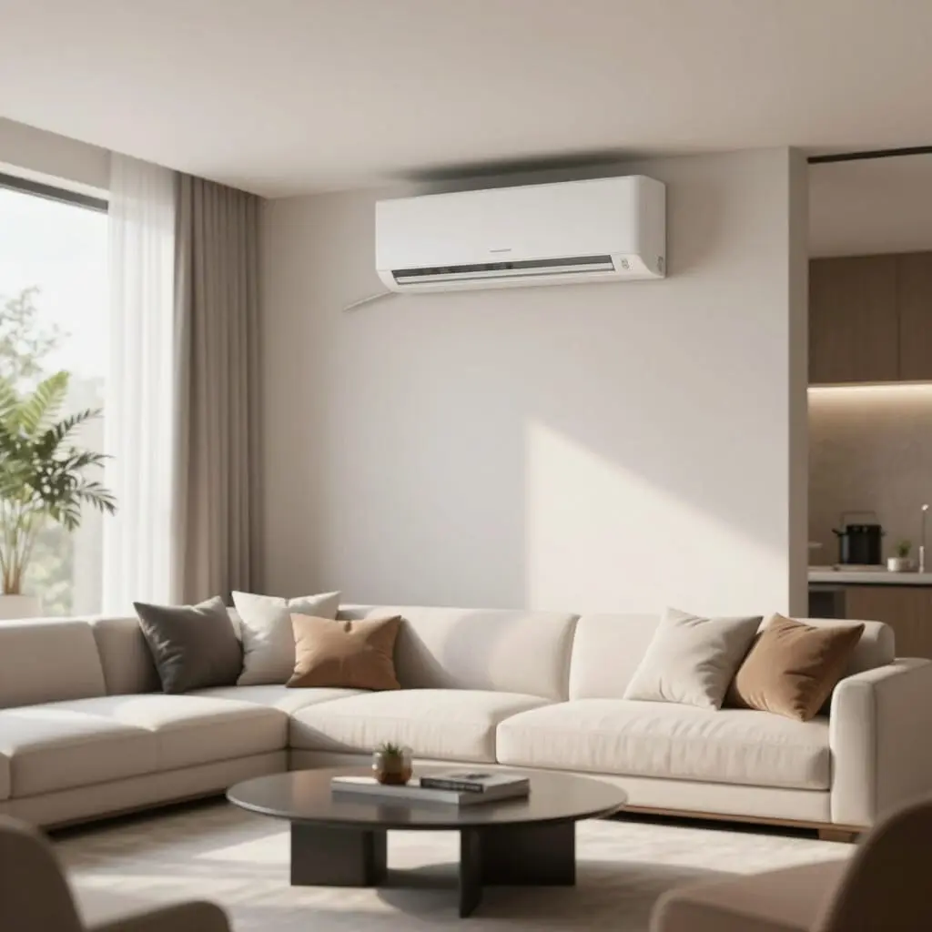 Wohnzimmer mit moderner Klimaanlage für angenehme Temperaturen