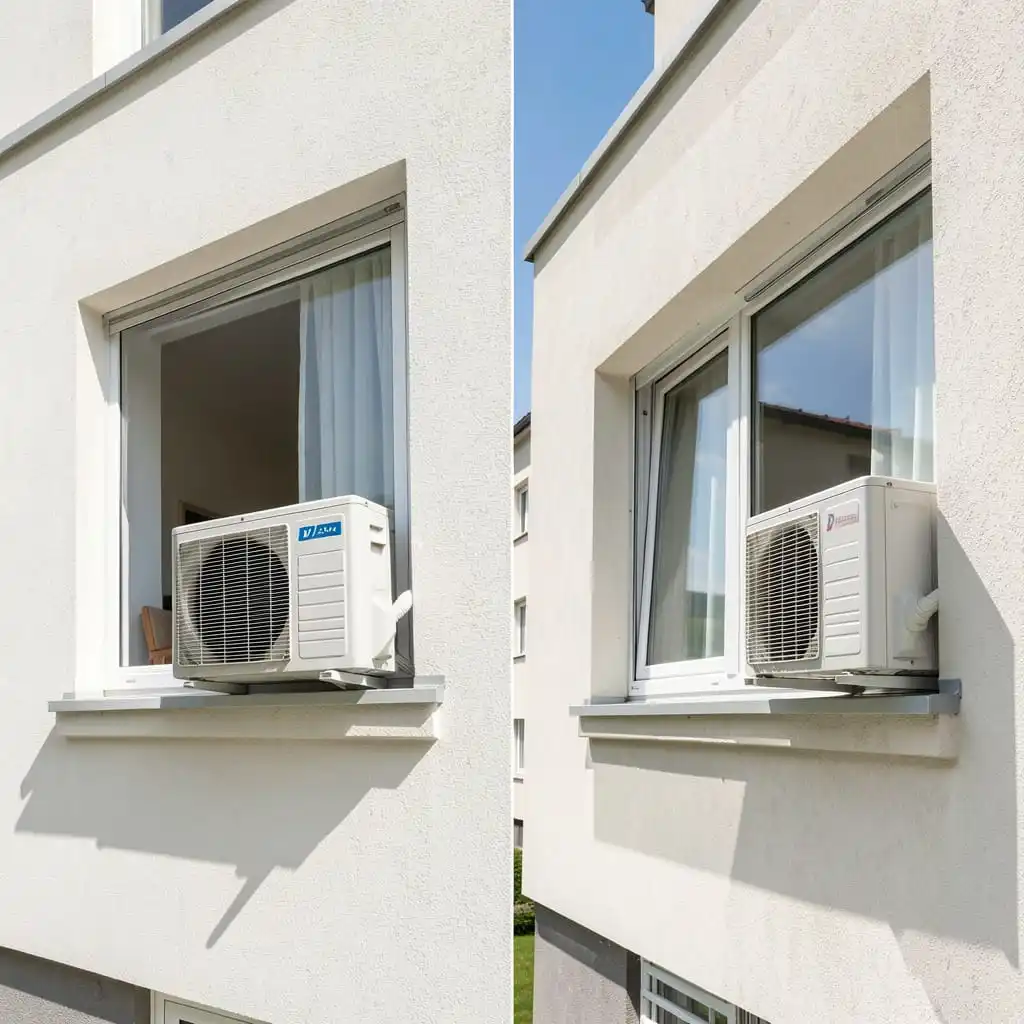 Fensterklimaanlage in einem Wohnfenster mit moderner Kühltechnik