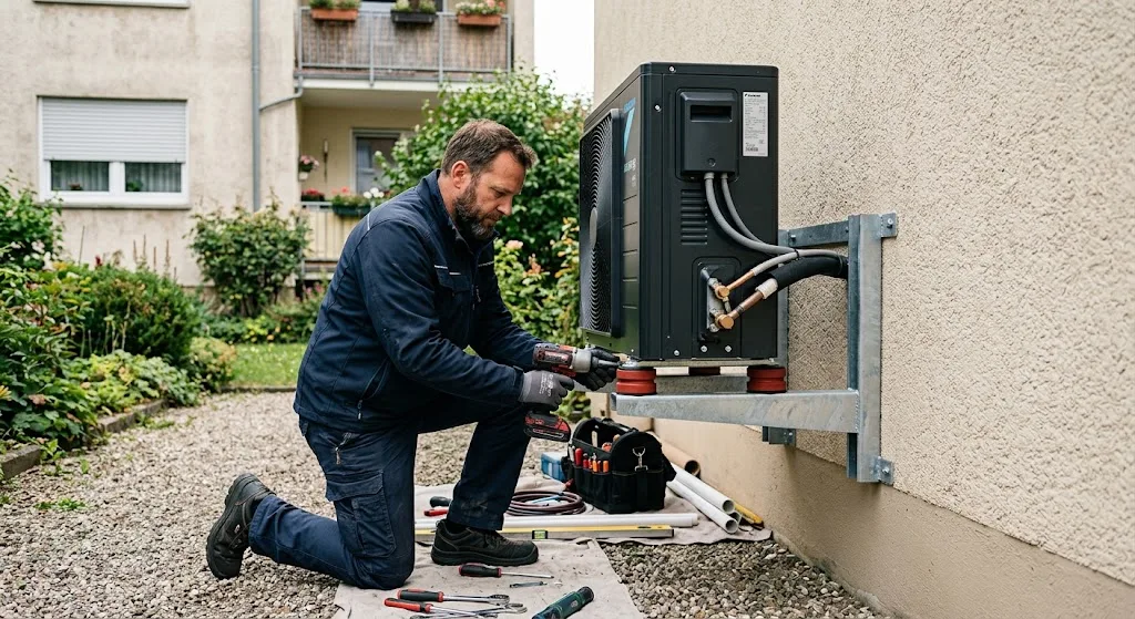 Professionelle Montage eines Außengeräts an einer Hauswand